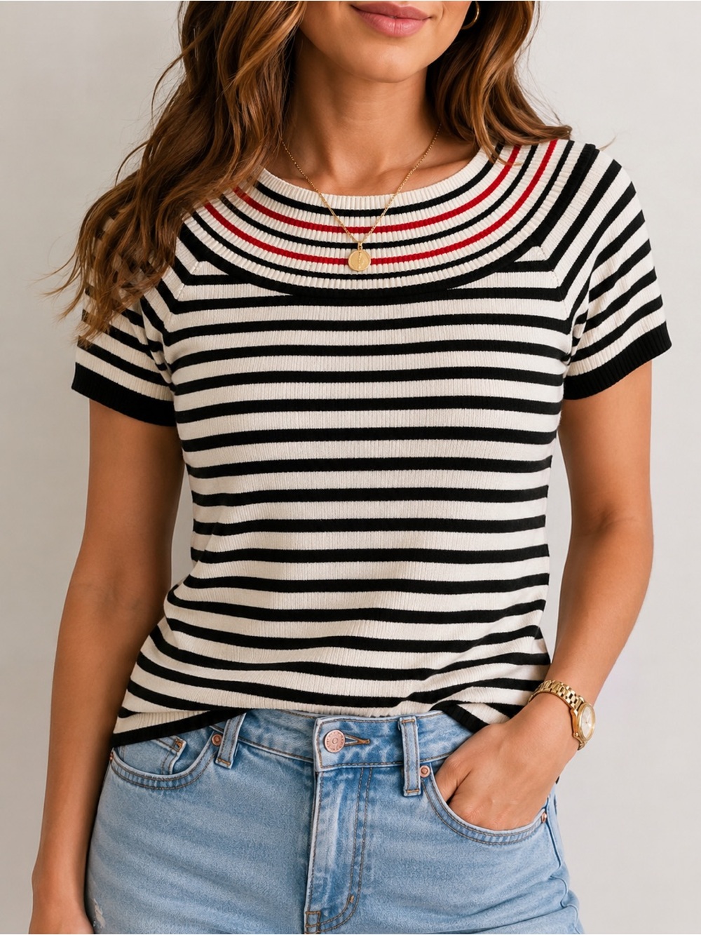 Women's Striped Knit Top (Size L) Short Sleeve White Black Red